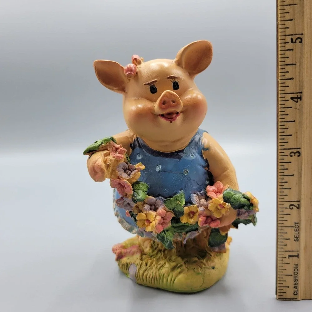 Vintage Adorable Happy Pig Figurine Blue Dress Floral Accents Home Shelf Decor